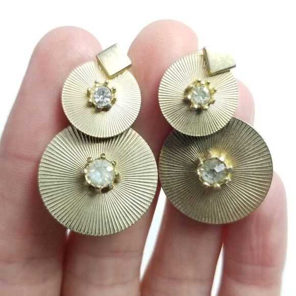 Vintage Gold Tone Disc Shape Dangle Clip On Earrings Rhinestone Center, Retro - Picture 1 of 5